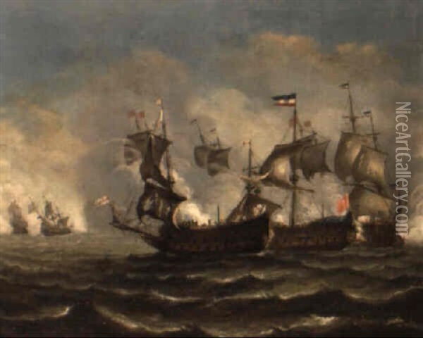 Krigsskepp I Sjoslag Oil Painting - Johan (J. C.) van der Hagen