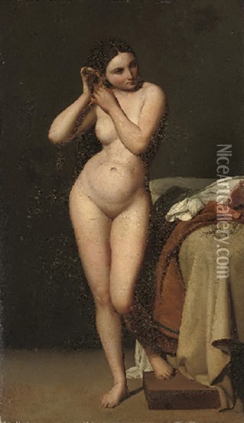 A Female Nude Removing A Pearl Earring From Her Ear, Standing By A Bed Oil Painting - Jean-Auguste-Dominique Ingres
