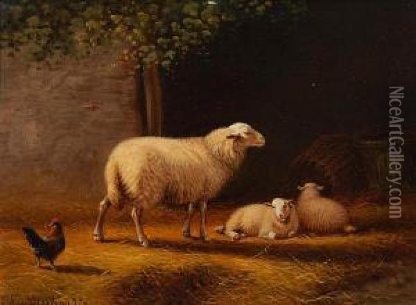 Sheep And A Goatin A Landscape Oil Painting - Joseph Van Dieghem