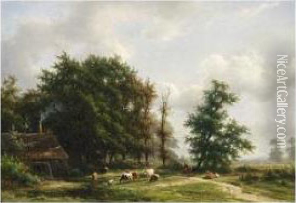 Cows Near A Windmill In A Wooded Landscape Oil Painting - Jan Frederik Van Deventer