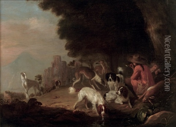 Huntsmen Resting With Their Hounds In A Landscape Oil Painting - Adriaen Cornelisz Beeldemaker