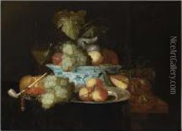 A Still Life With Grapes, Peaches And Figs In A Wan-li Bowl, Apricots On Oil Painting - Thomas Mertens