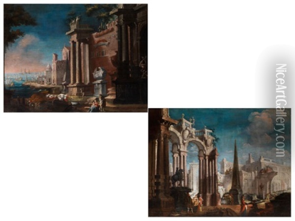 Romische Architekturcapricci (pair) Oil Painting - Pietro Paltronieri