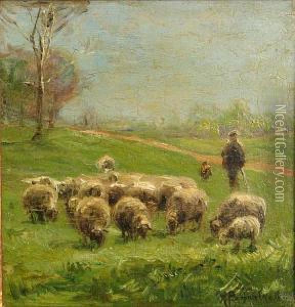 Grazing Sheep Oil Painting - Bryan A. Wall