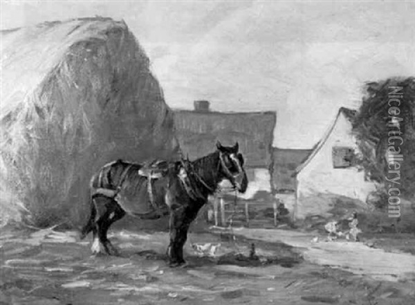Farmstead With Horse And Haystack Oil Painting - Augustus William Enness
