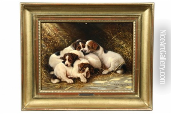 Four Puppies In A Haystack Oil Painting - Valentine Thomas Garland