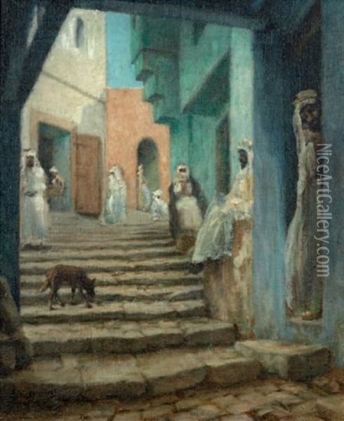 Ruelle Animee Dans La Kasbah D'alger Lively Street In Algier Oil Painting - Leonce J. V. de Joncieres