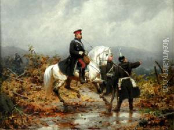 Prussian Cavalry Officer And Infantry, Signed Oil On Board, Dated 1879, 21x27cm Oil Painting - Christian I Sell