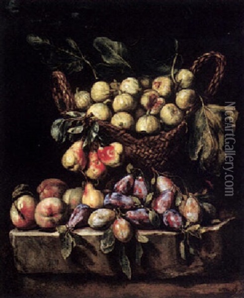 Still Life Of Peaches, Plums, Pears, And Figs In A Basket, All On A Stone Plinth Oil Painting - Michelangelo Cerquozzi