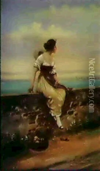 Woman Resting By The Mediterranean Oil Painting - Eugen von Blaas