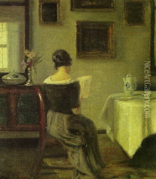 Interior Med Laesende Dame Ved Spisebord Oil Painting - Carl Vilhelm Holsoe