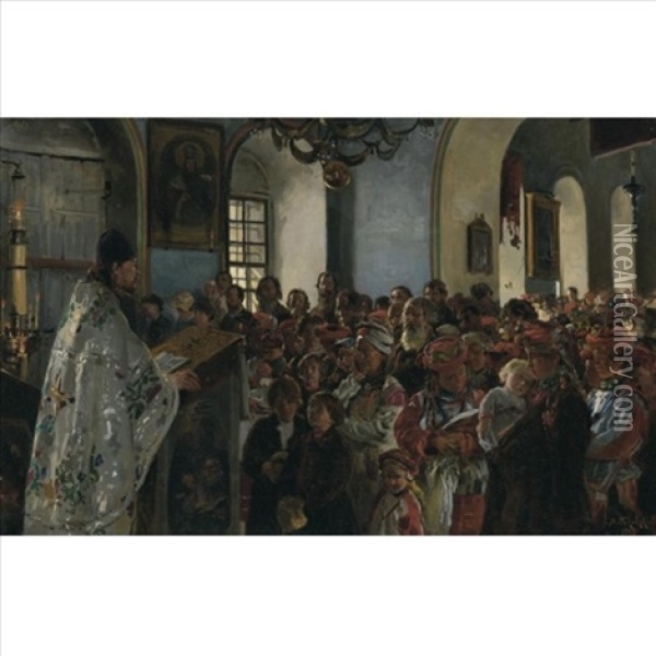 Sermon In An Ukrainian Village Church Oil Painting - Vladimir Egorovich Makovsky