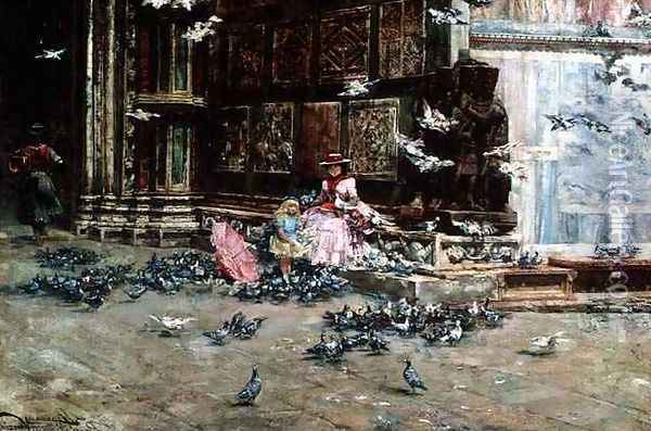 Feeding the Pigeons Oil Painting - Lievan Herremans