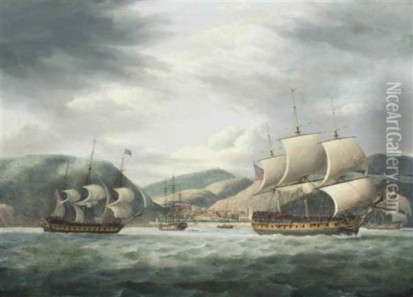 East Indiamen Lying At Anchor Off The Island Of St. Helena Before Jamestown With Some Vessels Getting Underway Oil Painting - Thomas Luny