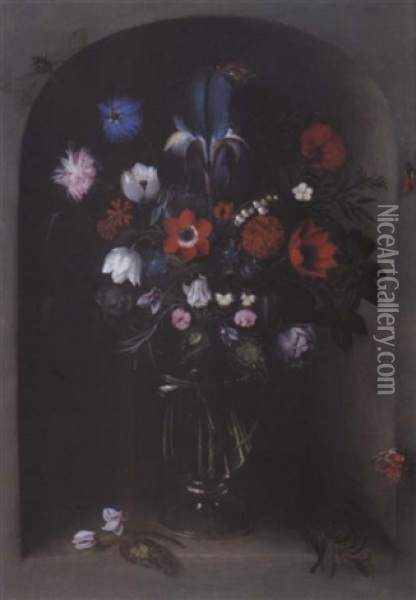 Stillleben Mit Blumen In Einer Glasernen Vase Oil Painting - Johannes Baers