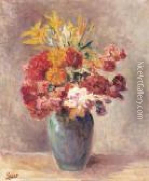Vase De Fleurs Oil Painting - Maximilien Luce