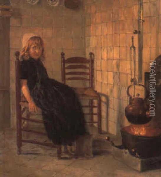 Pige Siddende Ved Ildstedet Oil Painting - Paul Hoecker