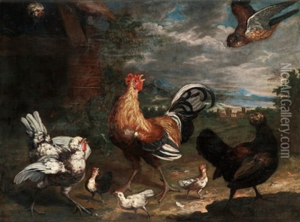 Hok Attackerande Honsfamilj Oil Painting - Melchior de Hondecoeter
