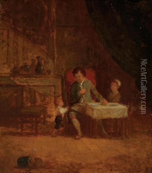Un Pere Avec Ses Deux Enfants Dans Un Interieur Oil Painting - Adolphe Felix Cals