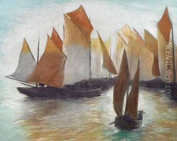 Flotille De Bateaux, Les Pecheurs Oil Painting - Alfredo Muller