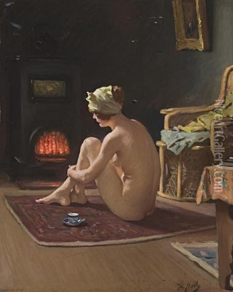 Seated Nude By The Fire Oil Painting - Bernard Hall