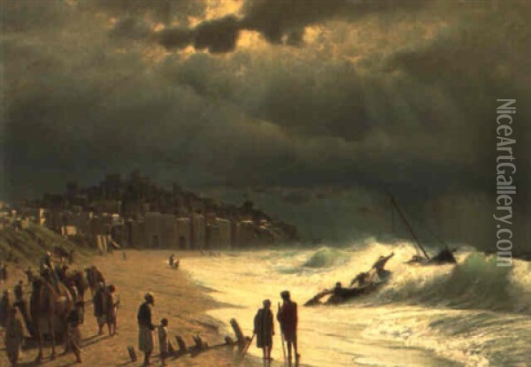The Beach At Jaffa, Syria Oil Painting - James Fairman