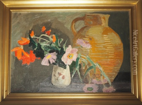 Nature Morte Au Pichet Et Bouquet De Fleurs Oil Painting - Jules Leon Flandrin