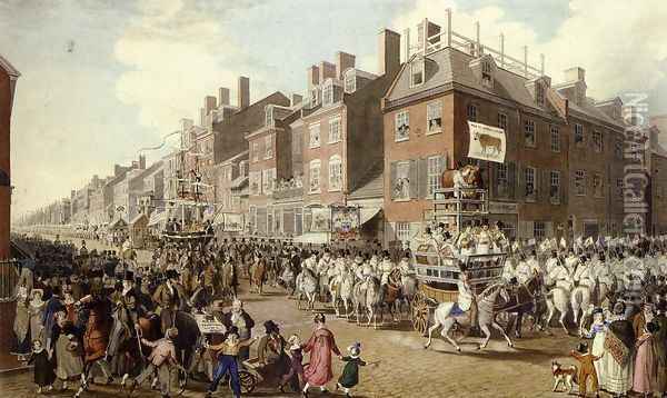 View of the Parade of the Victuallers From Fourth and Chestnut Streets Oil Painting - John Lewis Krimmel