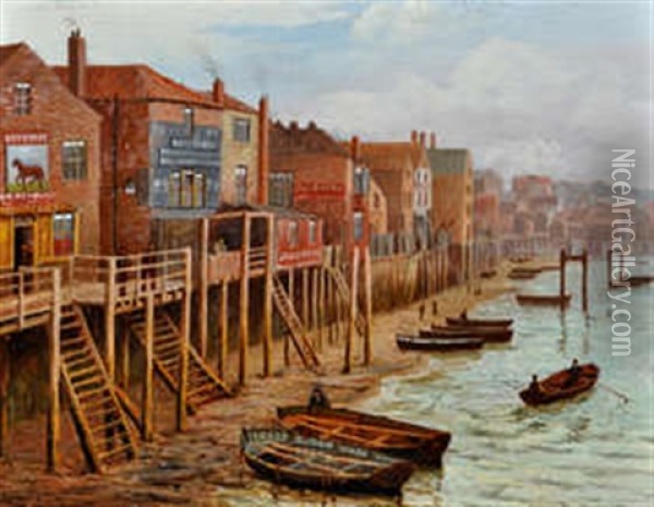 North Shields C.1870-80 With R. Hood Haggies Rope Store And The Bay Horse Pub In The Foreground; And A View Towards The Ferry Landing With C. Fleming Sail-makers Premises To The Right (2 Works) Oil Painting - Bernard Benedict Hemy