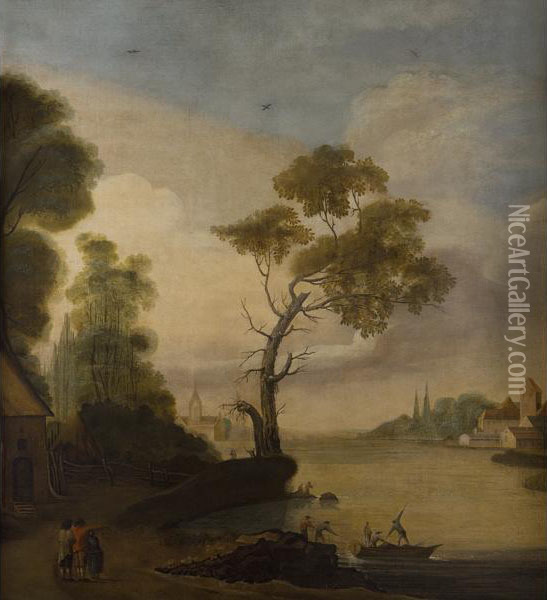 Paesaggio Fluviale Con Barca E Viandanti Oil Painting - Claude-joseph Vernet
