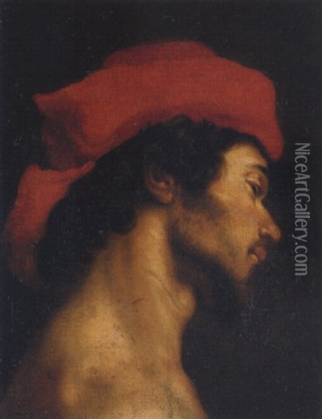 The Head Of A Young Man Wearing A Red Hat Oil Painting - Cristofano Allori