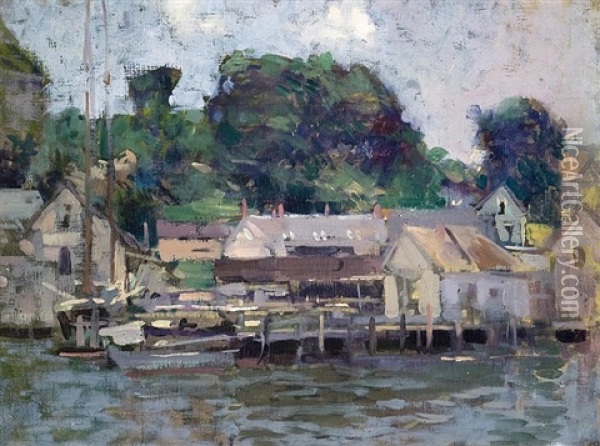A Dock With Gray Houses, Gloucester Harbor Oil Painting - Paul Cornoyer