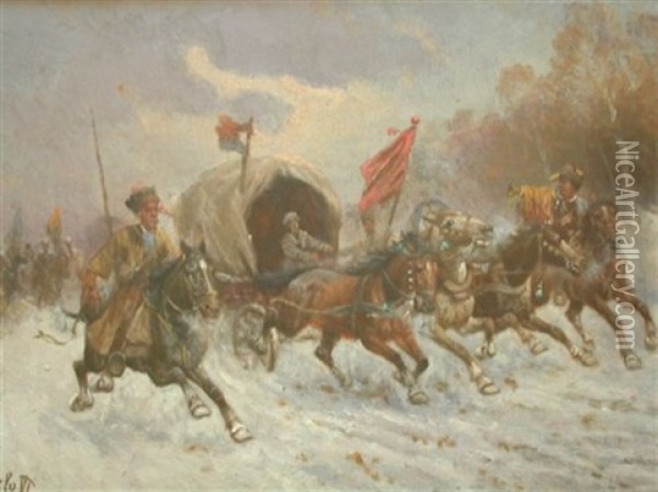 Cossacks On Horseback I Oil Painting - Adolf (Constantin) Baumgartner-Stoiloff