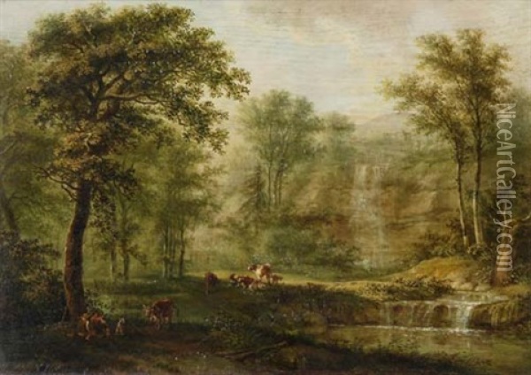 Waldweide Mit Wasserfall Oil Painting - Ludwig Hess