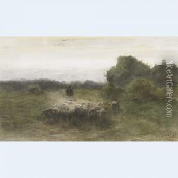 Shepherd And Flock At Twilight Oil Painting - Willem II Steelink