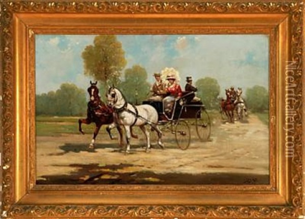 Distinguished Party In A Horse Carriage Oil Painting - Adolf (Constantin) Baumgartner-Stoiloff