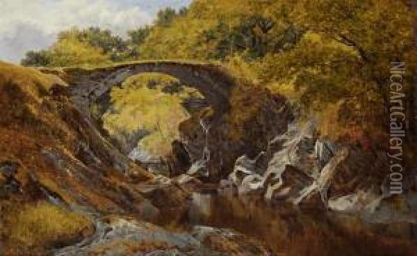 'on The River Lledrys, North Wales'; 'a Deserted Bridge On The River, North Wales' Oil Painting - John Surtees