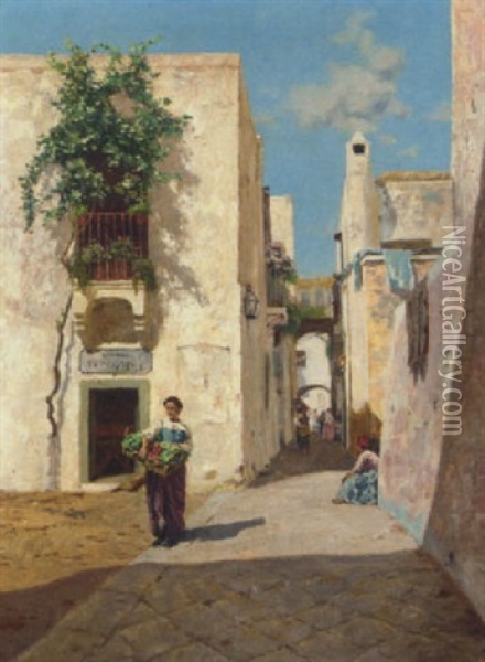 A Sunny Street In Capri Oil Painting - Augusto Corelli
