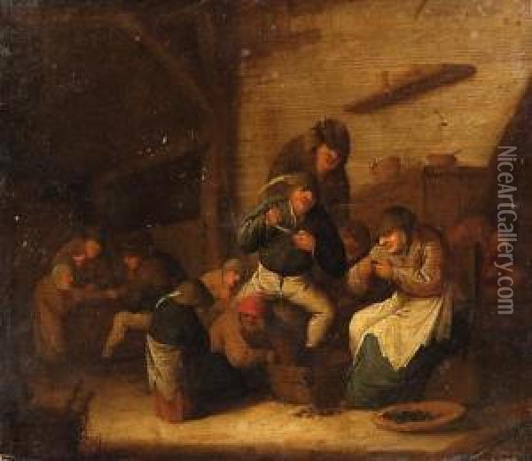 Peasants Gaming And Eating Mussels In An Interior Oil Painting - Bartholomeus Molenaer