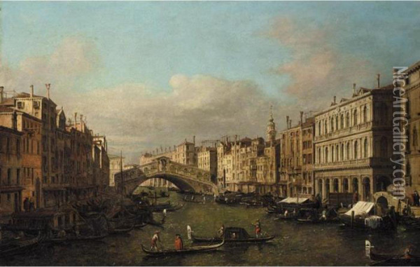 Venice, A View Of The Rialto Bridge From The South Oil Painting - (Giovanni Antonio Canal) Canaletto