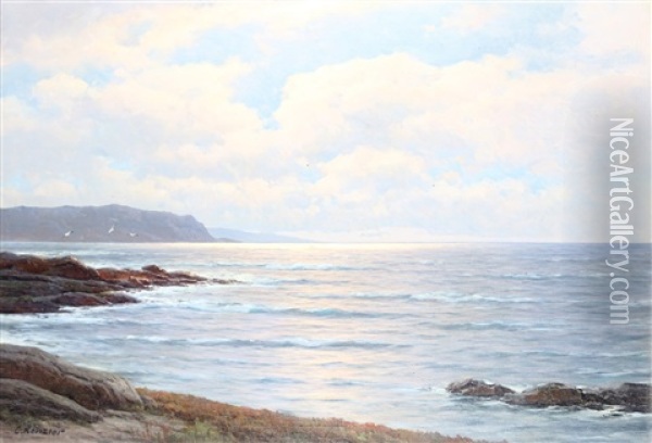 Sunrise, Waves Breaking Off A Rocky Coastline Oil Painting - Carl Kenzler