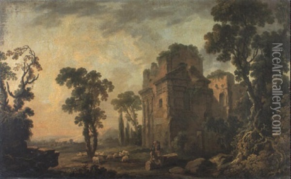 Landscape With Classical Ruins And Shepherds Oil Painting - George Barret
