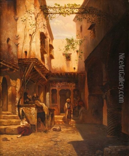 La Cour Du Cafe Maure, Alger Oil Painting - Eugene Napoleon Flandin
