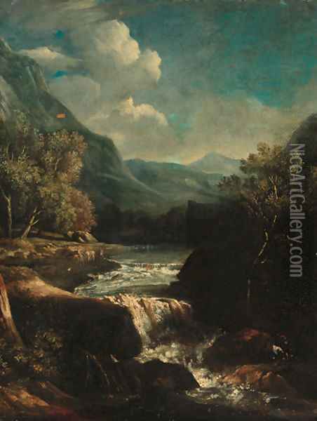 An Italianate rocky river landscape with travellers on a track Oil Painting - Circle Of Giovanni Battista Busieri
