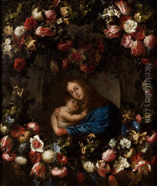Guirnalda De Flores Con La Virgen Con El Nino Oil Painting - Juan De Arellano