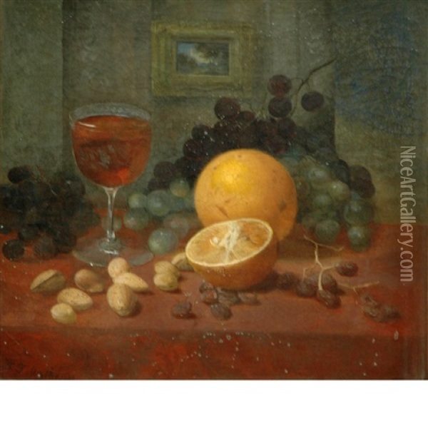 Still Life With Wine, Fruit And Nuts On A Tabletop Oil Painting - William Thomas Mathews