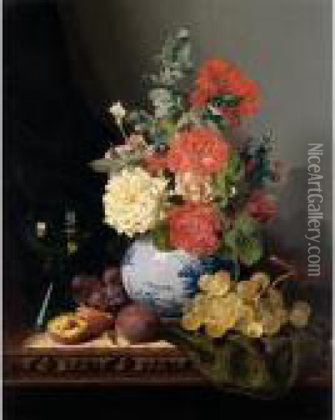 Still Life With A Vase Of Roses, Grapes, Plums And A Wine Glass On A Carved Table Oil Painting - Edward Ladell
