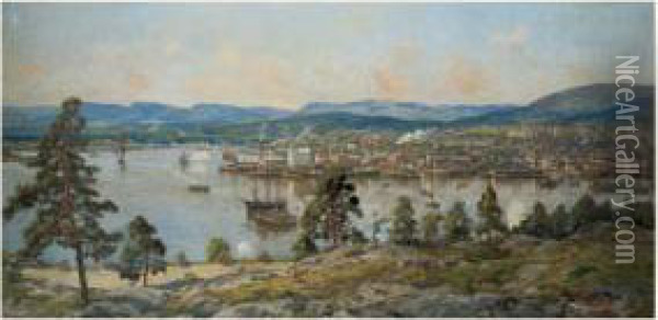 Vue Panoramique De Kristiania, En 1914 Oil Painting - Arne Hjersing