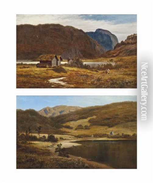 On The Shores Of A Lake, With A Church Beyond, Bygland, Norway; Berry Pickers, Bygland, Norway (pair) Oil Painting - Robert Gallon