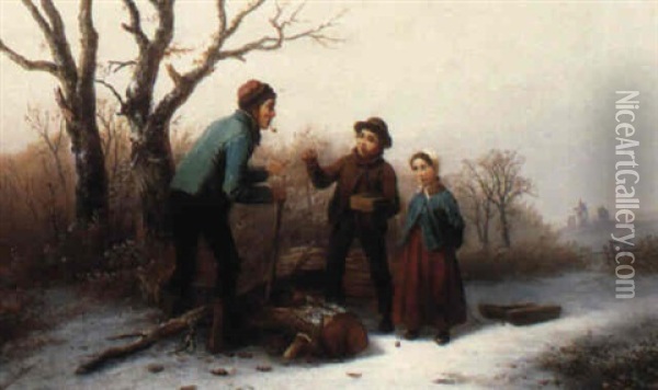 Woodcutters In A Snowy Landscape Oil Painting - Alexis de Leeuw